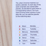 Die Erklärung von Grapat Dear Universe auf Englisch, welche Planeten die Namen der Wochentage widergeben.